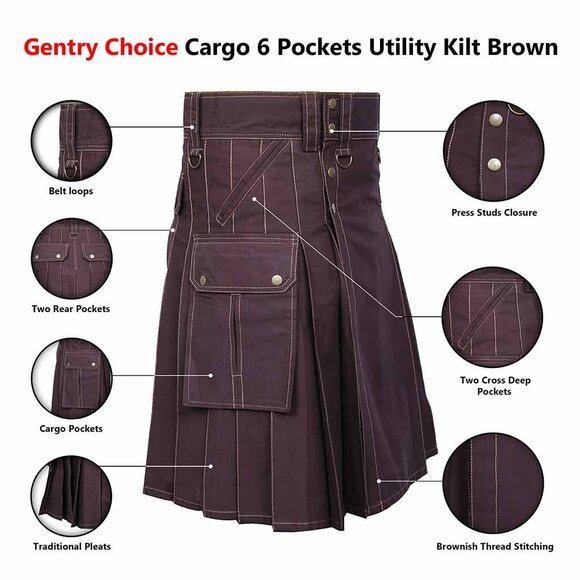 Cargo Utility Kilt Brown with 6 Pockets Traditional Scottish Highlander Kilt - Picture 6 of 7
